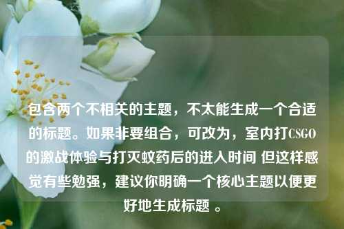 包含两个不相关的主题,不太能生成一个合适的标题。如果非要组合,可改为,室内打CSGO的激战体验与打灭蚊药后的进入时间 但这样感觉有些勉强,建议你明确一个核心主题以便更好地生成标题 。