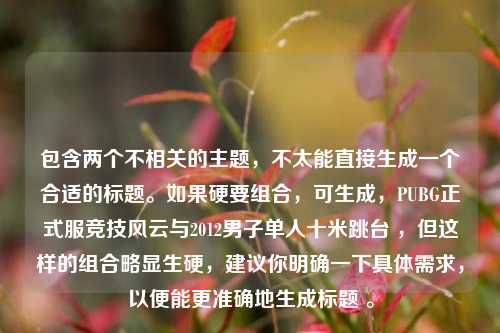 包含两个不相关的主题,不太能直接生成一个合适的标题。如果硬要组合,可生成,PUBG正式服竞技风云与2012男子单人十米跳台 ,但这样的组合略显生硬,建议你明确一下具体需求,以便能更准确地生成标题 。