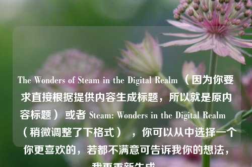 The Wonders of Steam in the Digital Realm (因为你要求直接根据提供内容生成标题,所以就是原内容标题) 或者 Steam: Wonders in the Digital Realm (稍微调整了下格式) ,你可以从中选择一个你更喜欢的,若都不满意可告诉我你的想法,我再重新生成。